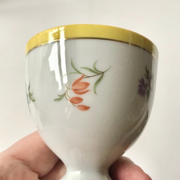 Vintage Porcelain Floral Gold Gilded Egg Cups Yellow White Flowers Pink Blue - Picture 12 of 15